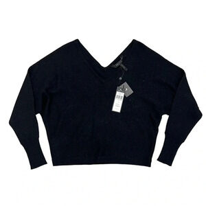 BCBG MAXAZRIA Batwing V-neck Sweater Black metallic Knit Size S NEW